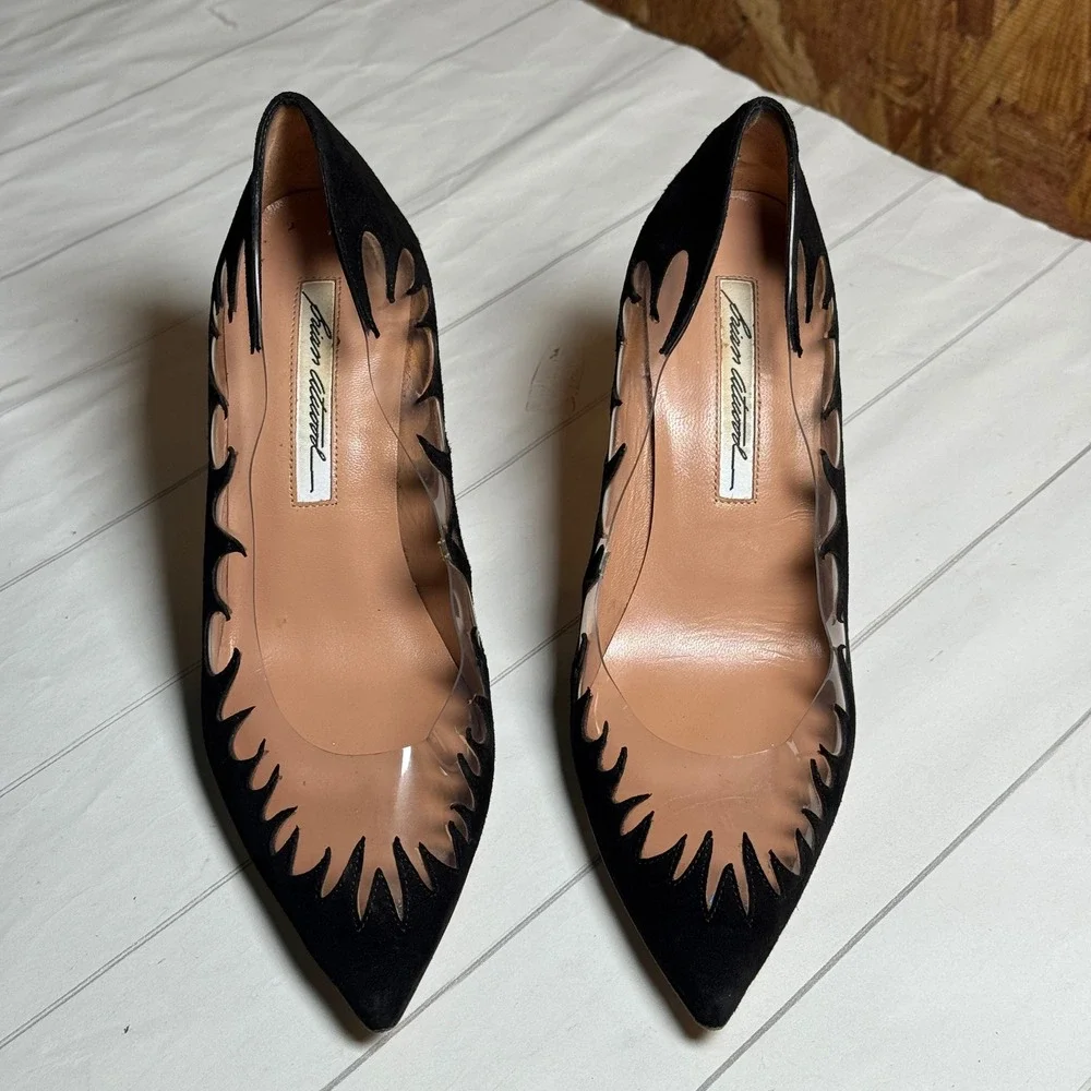 Brian Atwood Designer Flame Cutout Heels Black Suede Leather Luxury Edgy‎ Diva 7